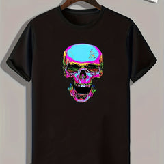 Glitch Skull Print Men's Comfy T-shirt for Outdoor Summer