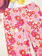 Girls Floral Flared Pants Elastic Waist Slim Fit Casual Bell Bottom