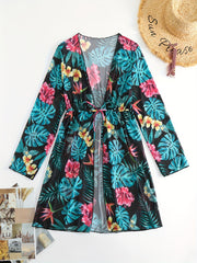 Print Cover Up Shirt Long Sleeves V Neck Drawstring Cover Ups Women's Swimwear