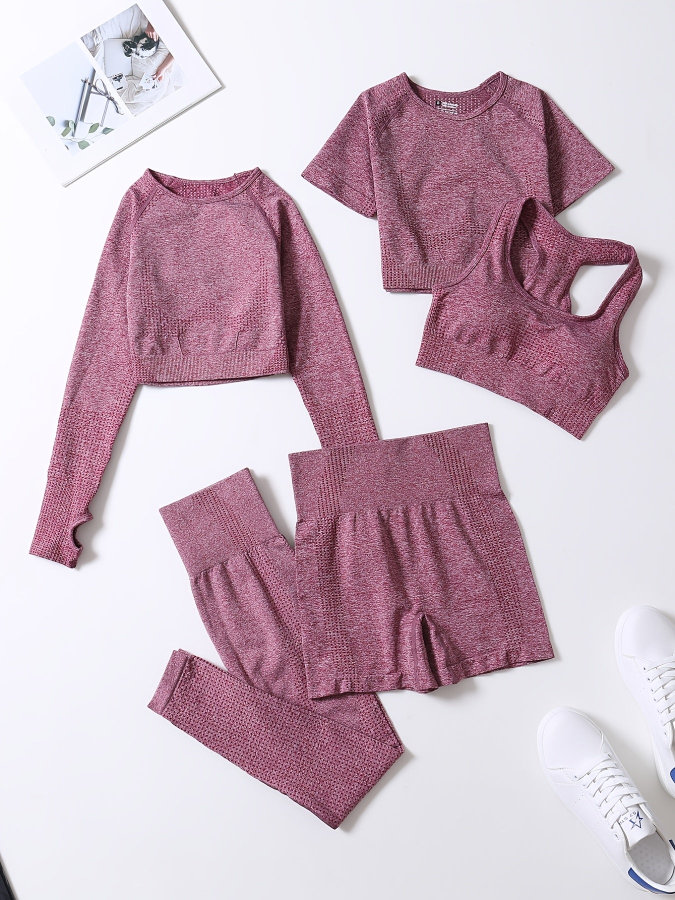 5-Piece Ribbed Seamless Crop Tank High Waist Yoga Leggings Set
