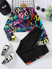 Girls Crop Hoodie & Sweatpants Set Allover Print Top Casual Outfits