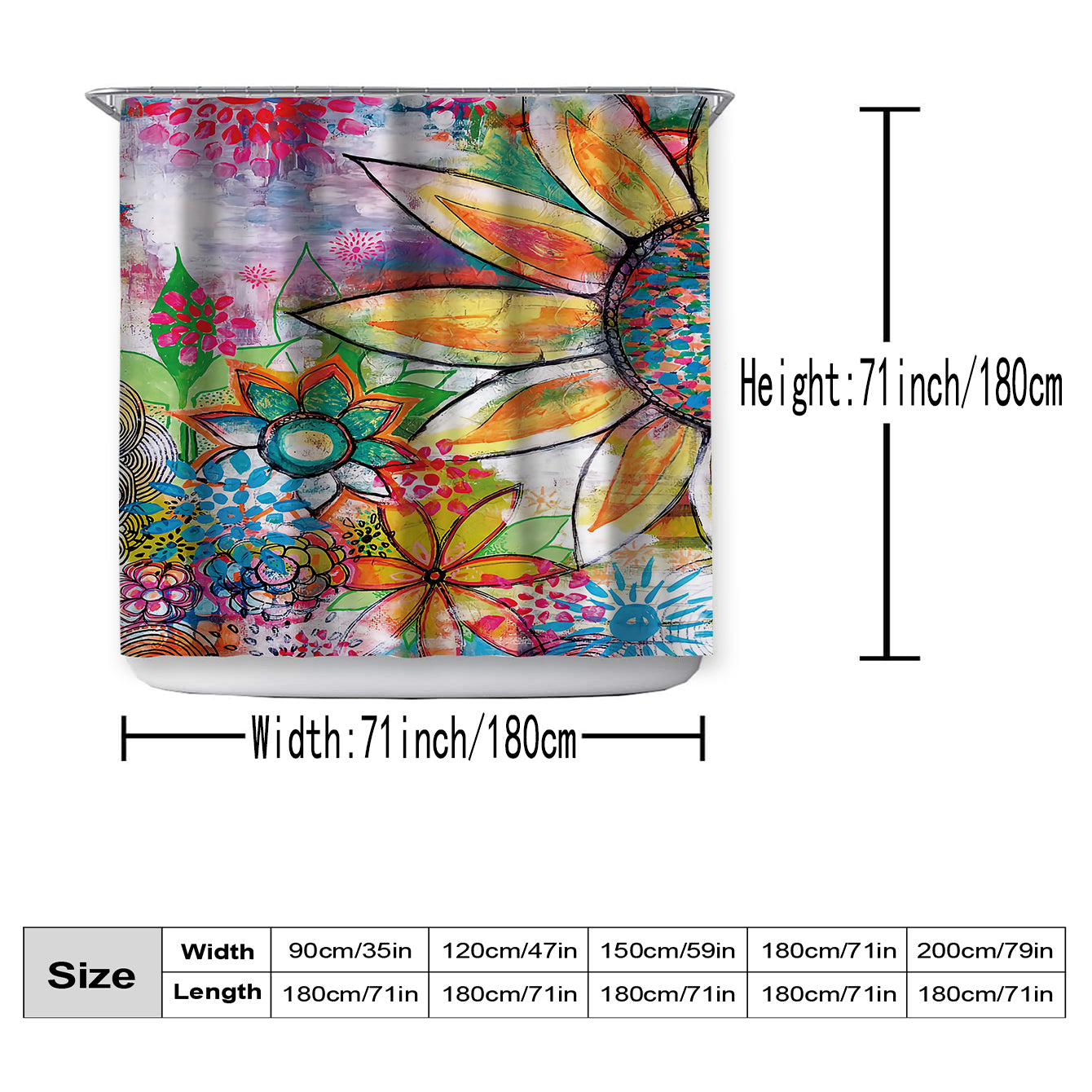 Colorful Flower Shower Curtain - Waterproof and Mildew Proof