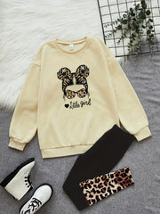 Girls Leopard Print Sweatshirt Top & Leggings Set for Kids