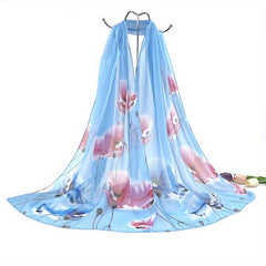 Lotus Print Chiffon Scarf Gradient Thin Gauze Shawl Windproof Head Wrap