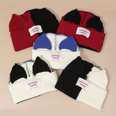 Pig Ears Label Beanie Splicing Warm Knitted Hat
