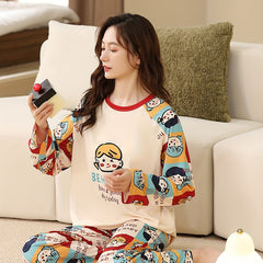Cartoon Print Pajama Set Long Sleeve Top & Pants
