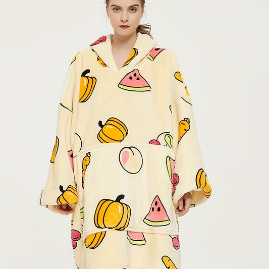 Halloween Lounge Robe Watermelon Pumpkin Print Hooded Flannel Blanket