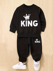 Boy's KING Print 2pcs Sweatshirt & Sweatpants Set Cartoon Crown Pattern