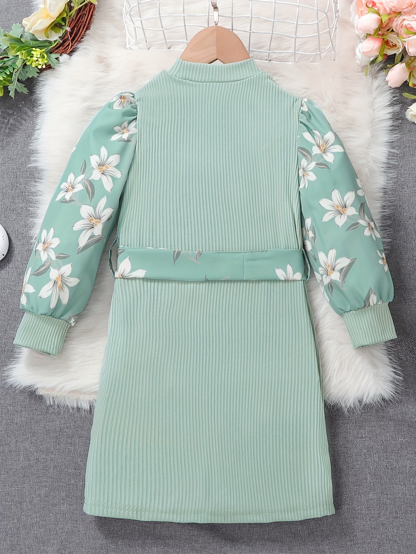 Floral Colorblock Long Sleeve Casual Dress Set with Belt