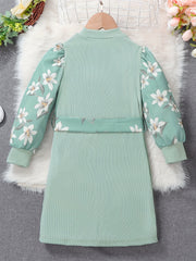 Floral Colorblock Long Sleeve Casual Dress Set with Belt