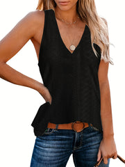 Eyelet Jacquard Tank Top V Neck Summer Sleeveless Casual Top