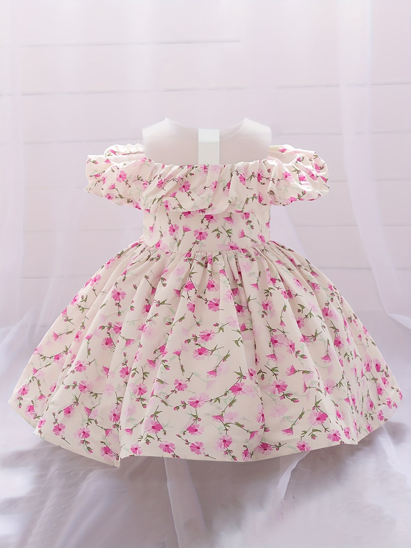 Girls Floral Print Puffy Dress Baby One Year Birthday Party Gown