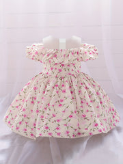 Girls Floral Print Puffy Dress Baby One Year Birthday Party Gown