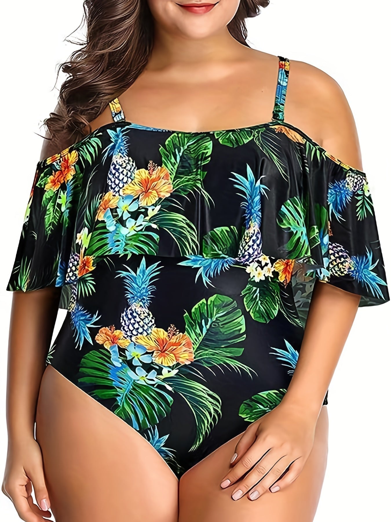 Tropical Print Cold Shoulder Ruffle Trim One Piece Bathing Suit