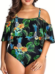 Tropical Print Cold Shoulder Ruffle Trim One Piece Bathing Suit
