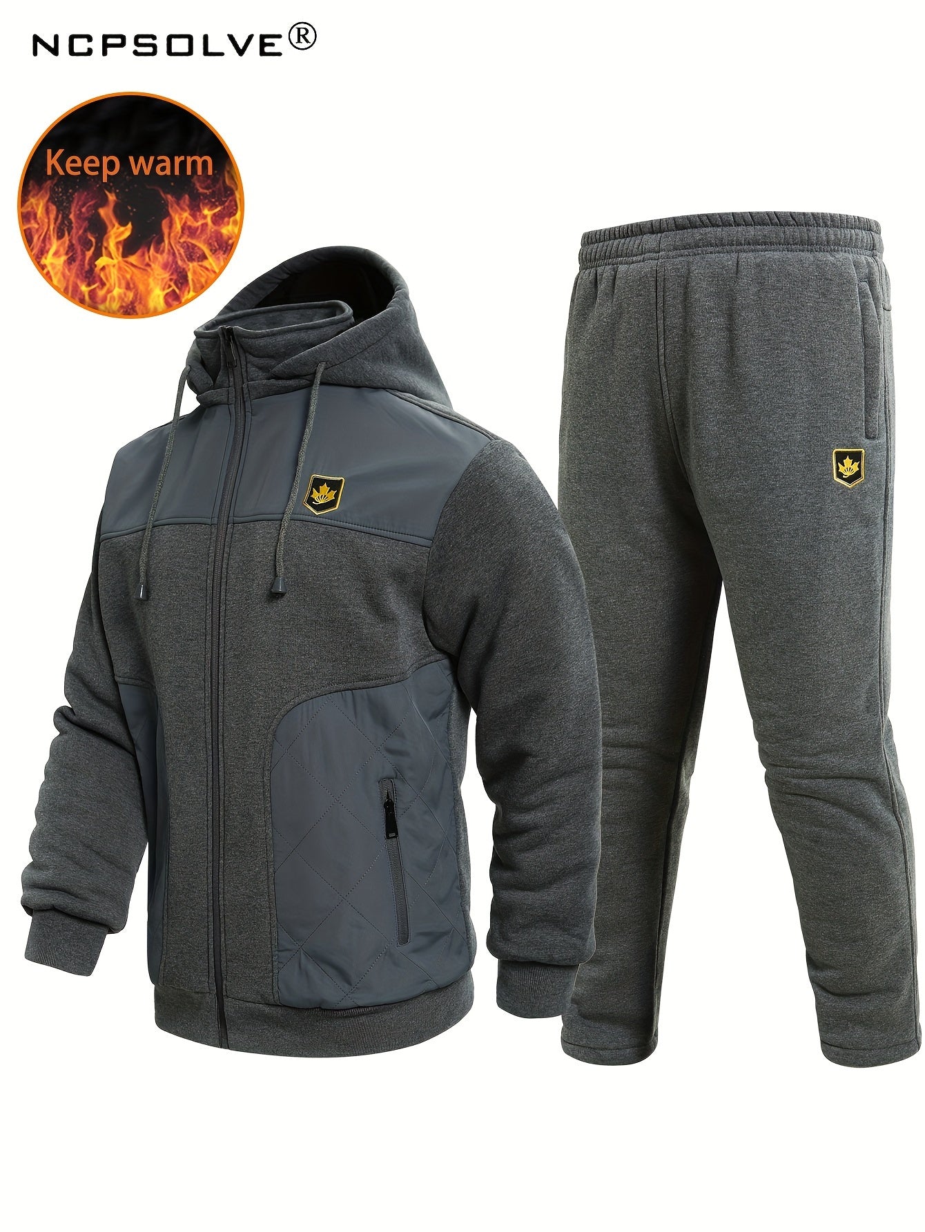 Men's 2 Pcs Zip Warm Hooded Jacket & Thermal Pants for Winter