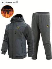 Men's 2 Pcs Zip Warm Hooded Jacket & Thermal Pants for Winter