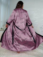 Nightgown Satin Heart & Letter Print Belted Robe