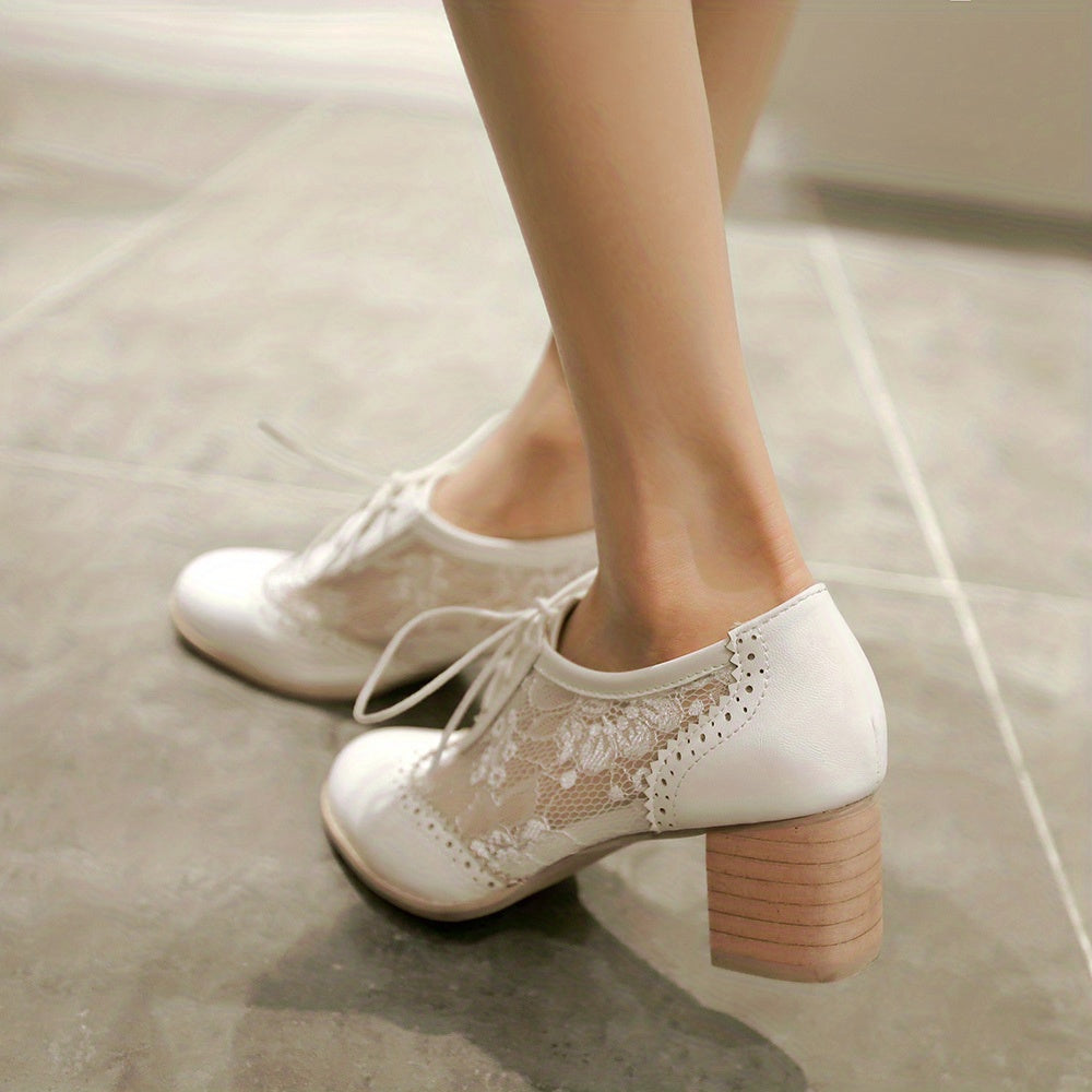 Women's Chunky Heel Brogues Mesh Lace Up Oxfords