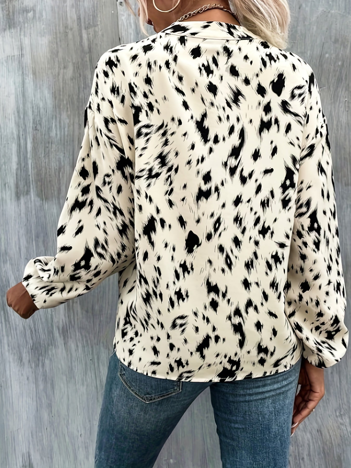 Leopard Print Lantern Sleeve Plus Size Blouse