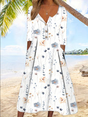 Floral Print Button Front Dress Casual Squared Neck Short Sleeve Dress