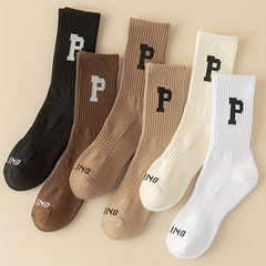 6 Pairs Letter Print Ribbed Socks Women's Stockings