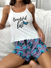 Butterfly Print Pajama Set Crew Neck Cami Top & Bow Shorts