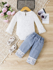 2pcs Baby Girls Long Sleeve Lace Onesie & Ripped Jeans Set