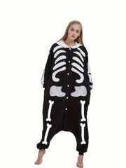 Skull Button Up Hooded Fleece Jumpsuit
