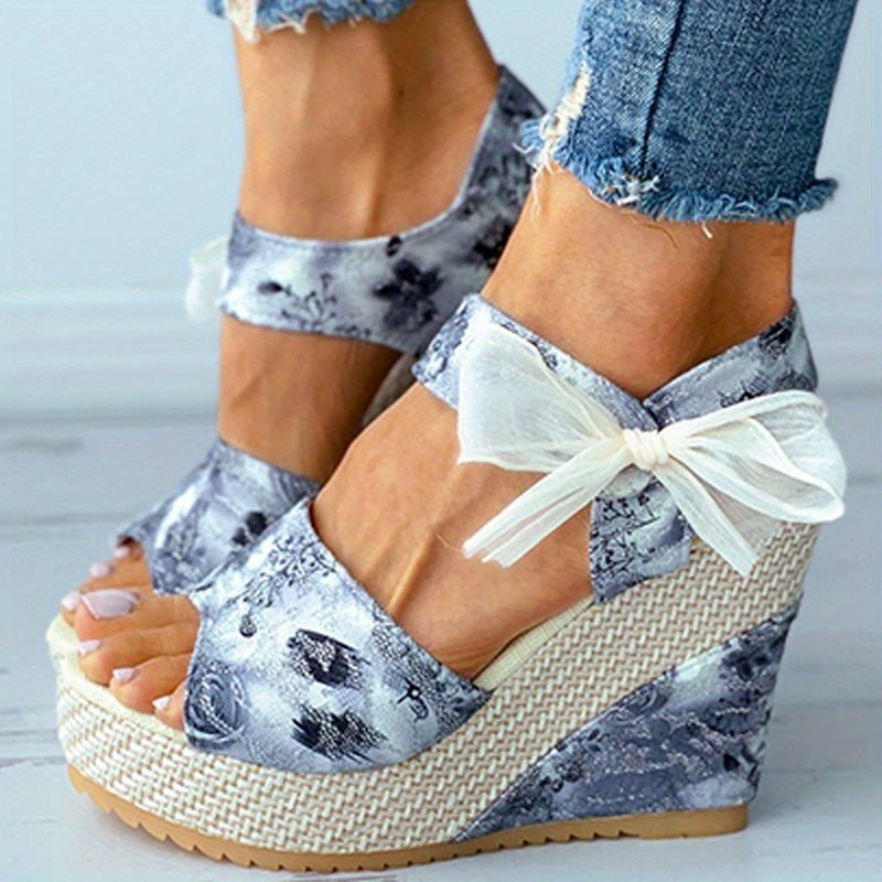 Floral Print Wedge Sandals Peep Toe Platform Shoes Hook & Loop Strap