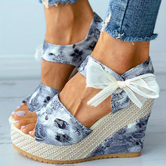 Floral Print Wedge Sandals Peep Toe Platform Shoes Hook & Loop Strap