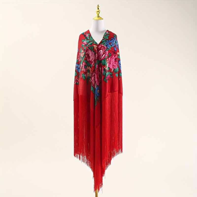 National Style Print Shawl Ultra Long Tassel Retro Style Shawl