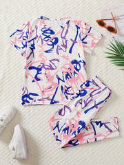 Girls Sports Suit Random Print Round Neck Short Sleeve Top And Pants Set
