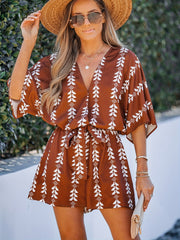 Boho Printed Wide Sleeve Jumpsuit Casual Tie Waist V Neck Short Length