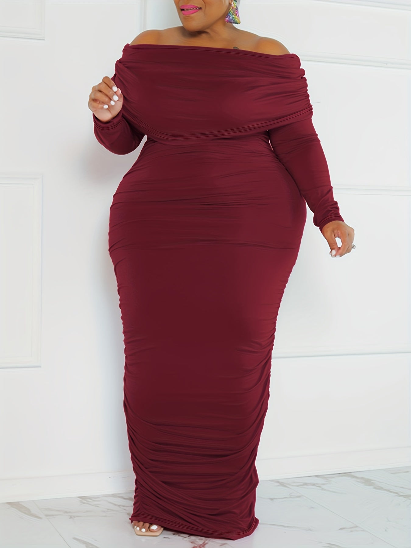 Solid Ruched Off Shoulder Bodycon Midi Dress