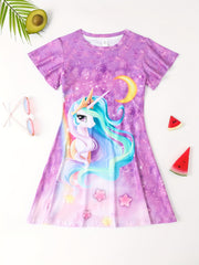 3D Unicorn Graphic Dress Girls Short Sleeve Party Gift Summer