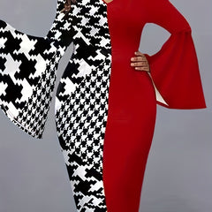 Colorblock Houndstooth Bell Sleeve V Neck Midi Dress