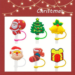 6pcs Cartoon Christmas Straw Cap Dustproof Silicone Cover Drink Cup Accessories