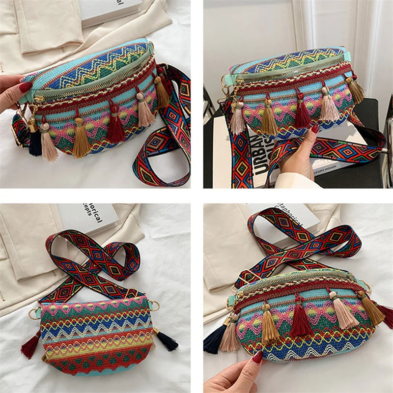 Hand Woven Crossbody Ethnic Straw Bags Women Handbag Retro Flap Rattan Straw Bea