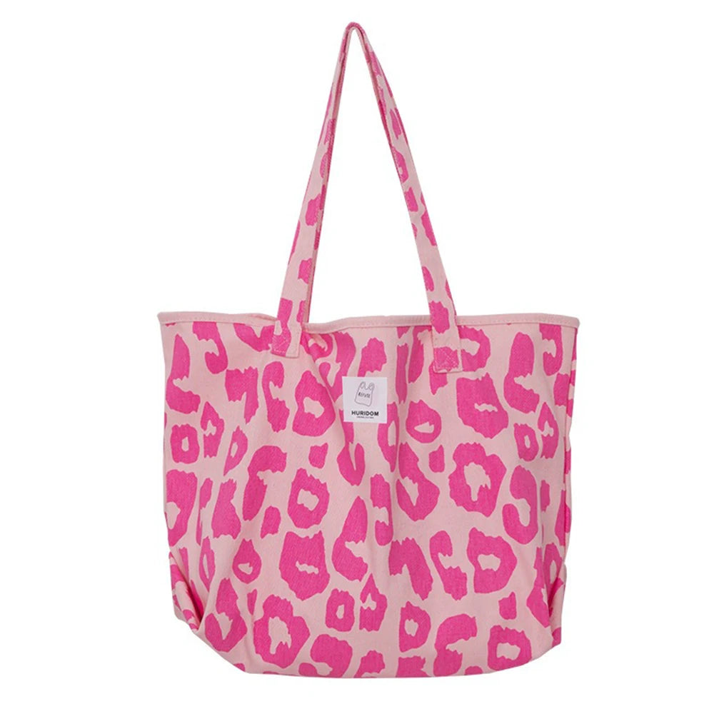 Pink Leopard Shoulder Bag Large Capacity Women's Bag Canvas Bucket Handbag