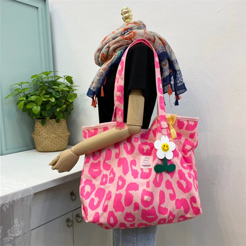 Pink Leopard Shoulder Bag Large Capacity Women's Bag Canvas Bucket Handbag