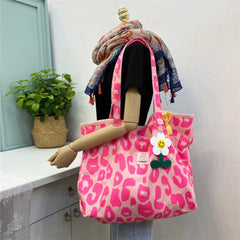 Pink Leopard Shoulder Bag Large Capacity Women's Bag Canvas Bucket Handbag