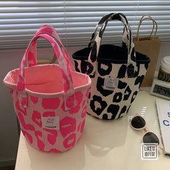 Pink Leopard Shoulder Bag Large Capacity Women's Bag Canvas Bucket Handbag