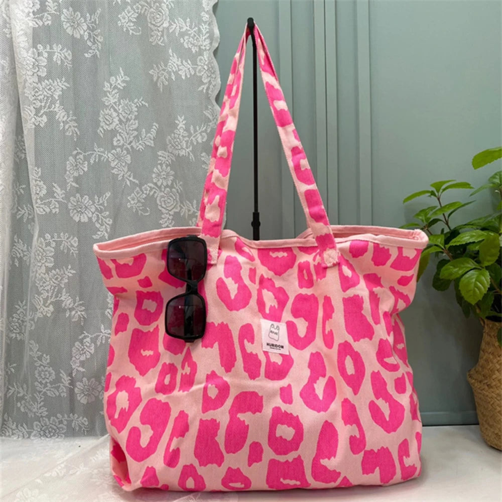 Pink Leopard Shoulder Bag Large Capacity Women's Bag Canvas Bucket Handbag