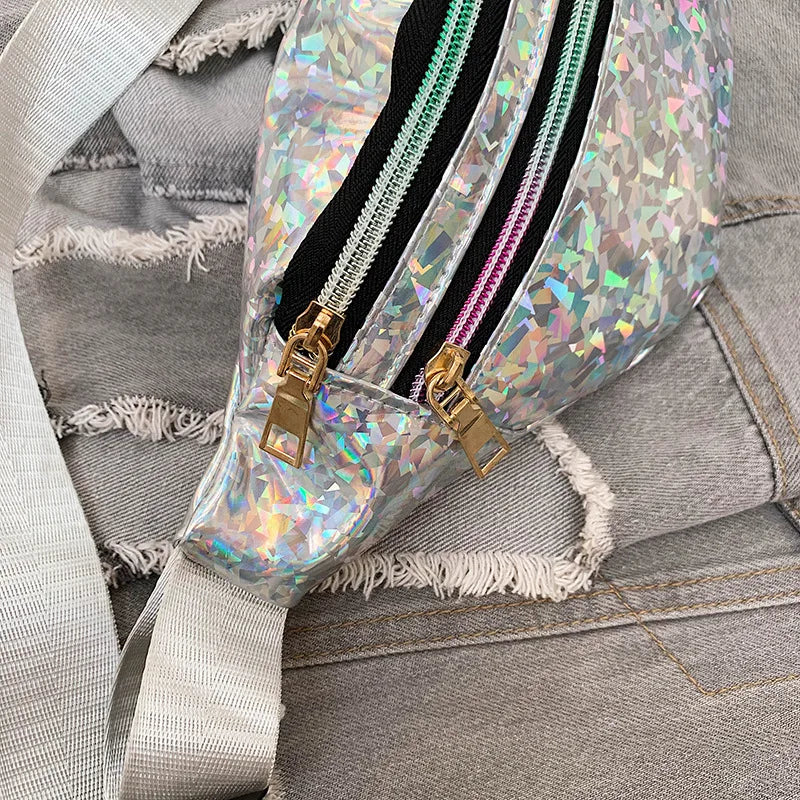 Holographic Fanny Pack Laser PU Waist Bag for Women Travel Beach