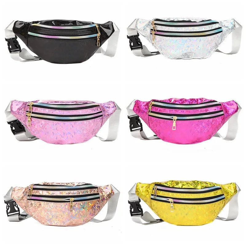 Holographic Fanny Pack Laser PU Waist Bag for Women Travel Beach