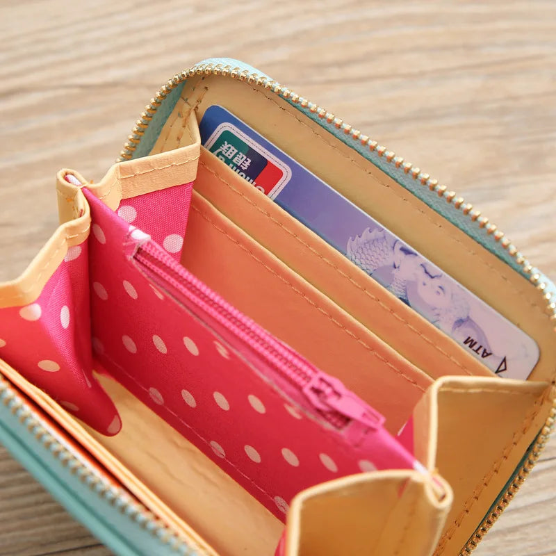Women's Short Leather Wallet with Bow, Zipper Purses for Girls