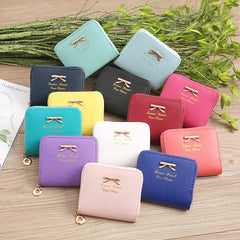 Women's Short Leather Wallet with Bow, Zipper Purses for Girls