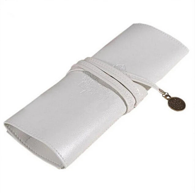 Vintage Women Roll Leather Purse Makeup Cosmetic Pen Pencil Brush Bag