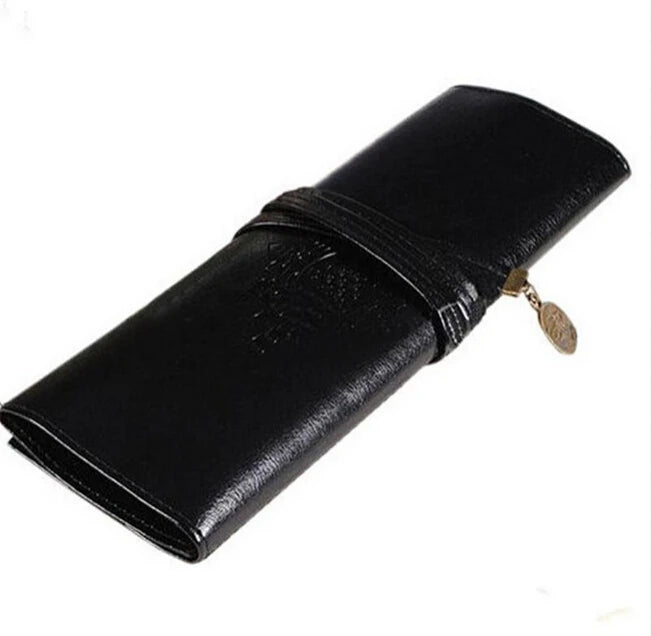 Vintage Women Roll Leather Purse Makeup Cosmetic Pen Pencil Brush Bag